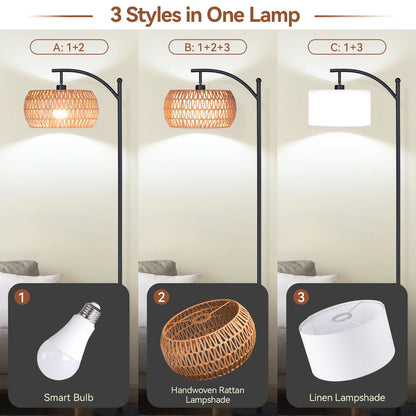 63'' Dimmable Arc Rattan Floor Lamp, Black Standing Lamp with Rattan & Fabric Double Drum Shade, Boho Farmhouse Tall Lamp for Living Room, Lamps for Bedroom