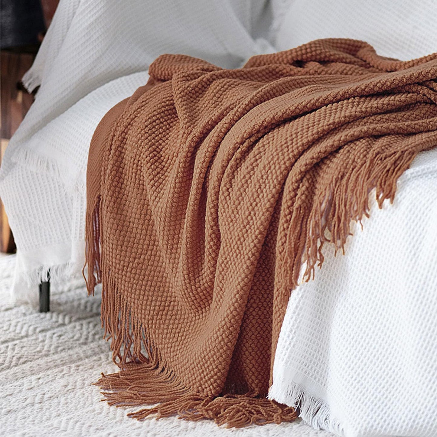 Knitted Throw Blanket with Tassels Bubble Textured Lightweight Throws for Couch Cover Home Decor (Caramel, 60X80)