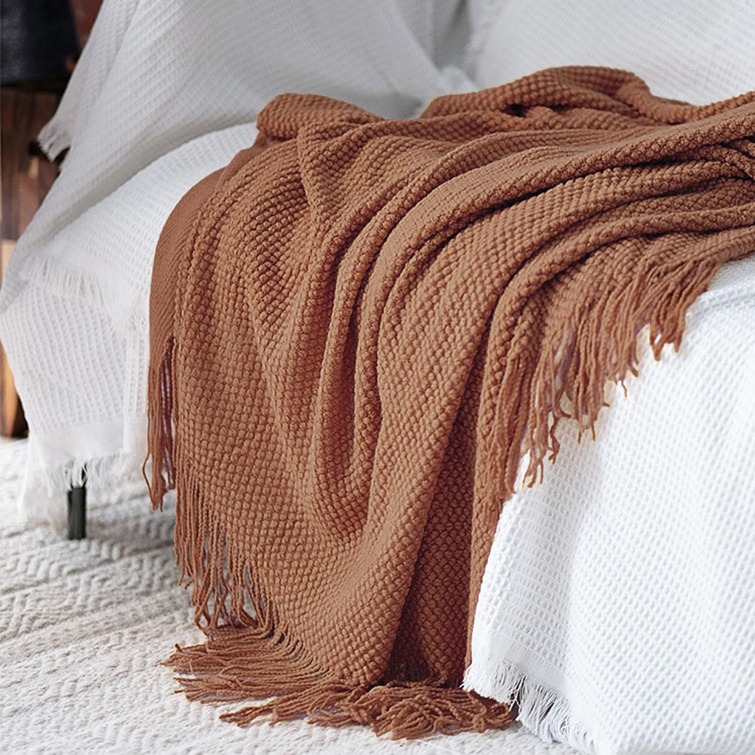 Knitted Throw Blanket with Tassels Bubble Textured Lightweight Throws for Couch Cover Home Decor (Caramel, 60X80)