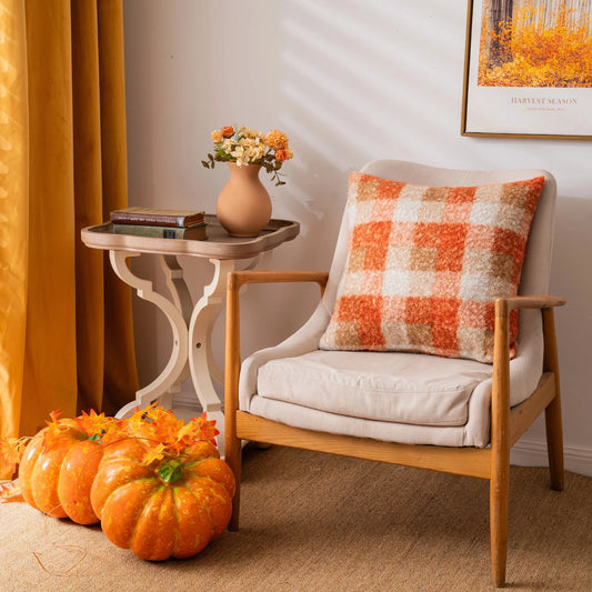 Orange Plaid Fall Throw Pillow Covers Set of 2, Boucle Decorative Pillow Covers,Cozy Fluffy Home Living Room Farmhouse Decor for Sofa Couch Bed