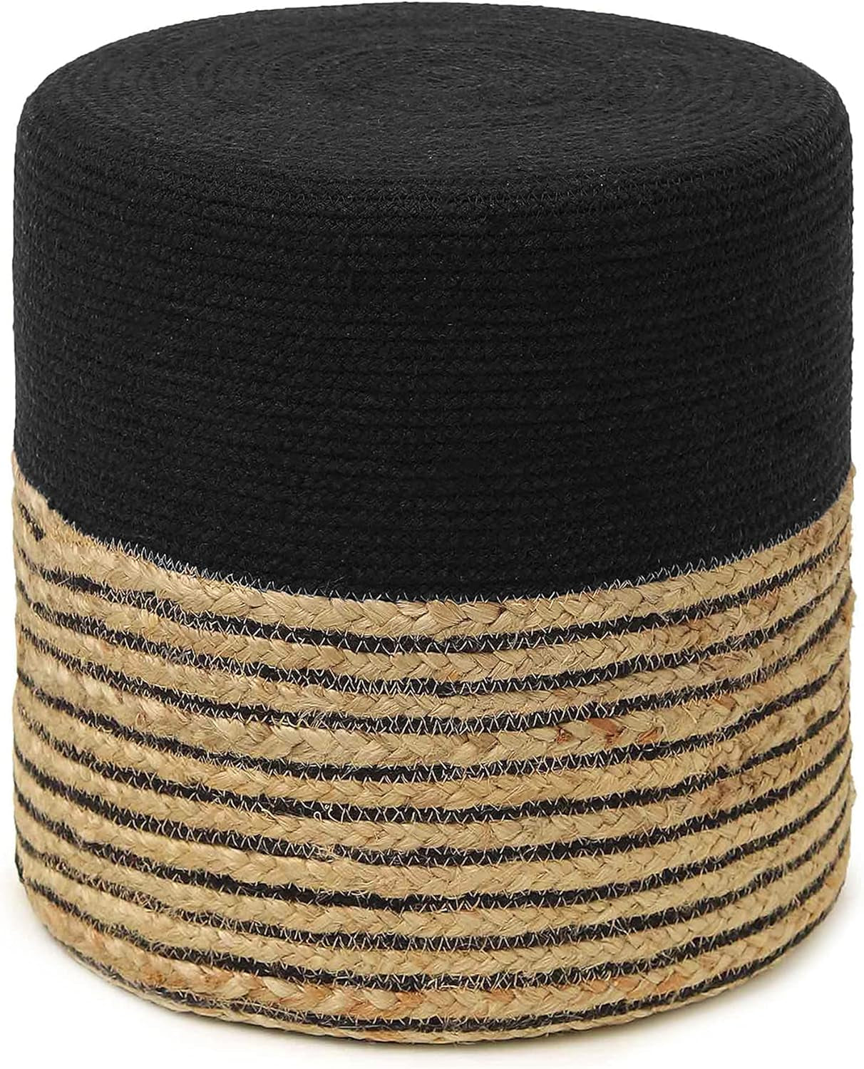 · Cylindrical Pouf Ottoman - Braided Pouffe Accent Sitting round Footrest for Living Room, Bedroom, Nursery, Kidsroom, Patio, Gym; 70% Cotton 30% Jute, (14.5X14.5X16; Black Natural)