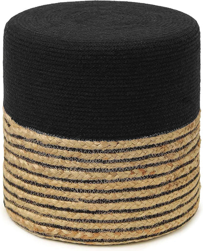 · Cylindrical Pouf Ottoman - Braided Pouffe Accent Sitting round Footrest for Living Room, Bedroom, Nursery, Kidsroom, Patio, Gym; 70% Cotton 30% Jute, (14.5X14.5X16; Black Natural)