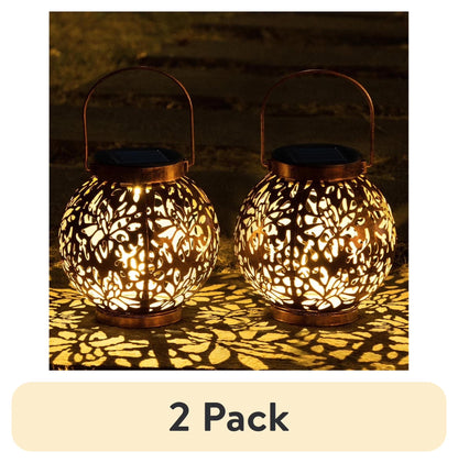 (2 Pack)  2 Pack Bronze Solar Outdoor Hanging Lanterns, Moroccan Lanterns, Metal Decorative Garden Lights
