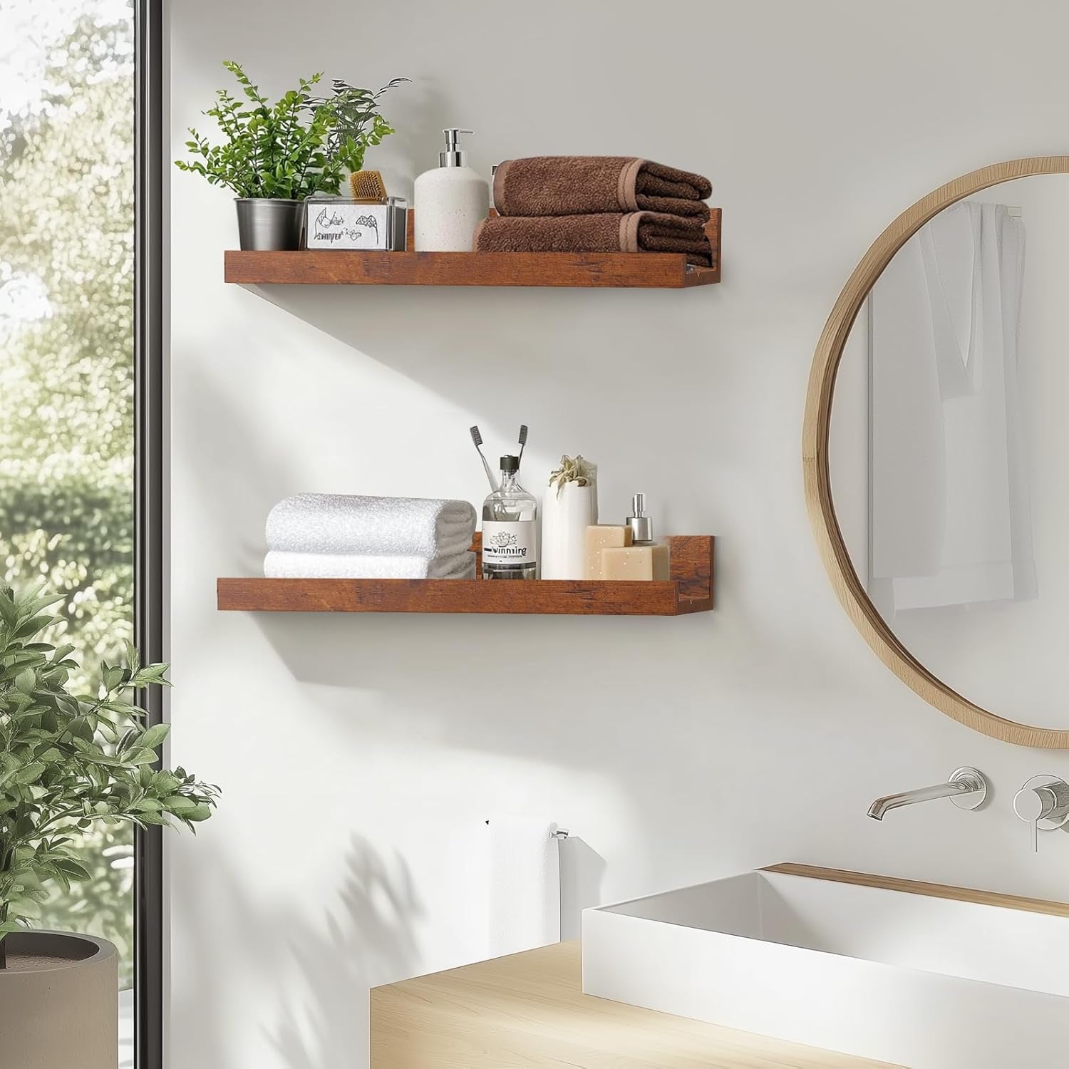 45.3" Large Floating Wall Ledge Shelves with Lip - Set of 2 Rustic Wood Floating Shelves - Honey Brown Wall Mounted Picture Ledge for Office, Bathroom, Bedroom, Living Room, Kitchen