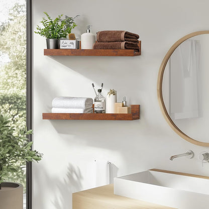 45.3" Large Floating Wall Ledge Shelves with Lip - Set of 2 Rustic Wood Floating Shelves - Honey Brown Wall Mounted Picture Ledge for Office, Bathroom, Bedroom, Living Room, Kitchen