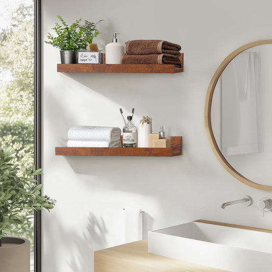 45.3" Large Floating Wall Ledge Shelves with Lip - Set of 2 Rustic Wood Floating Shelves - Honey Brown Wall Mounted Picture Ledge for Office, Bathroom, Bedroom, Living Room, Kitchen