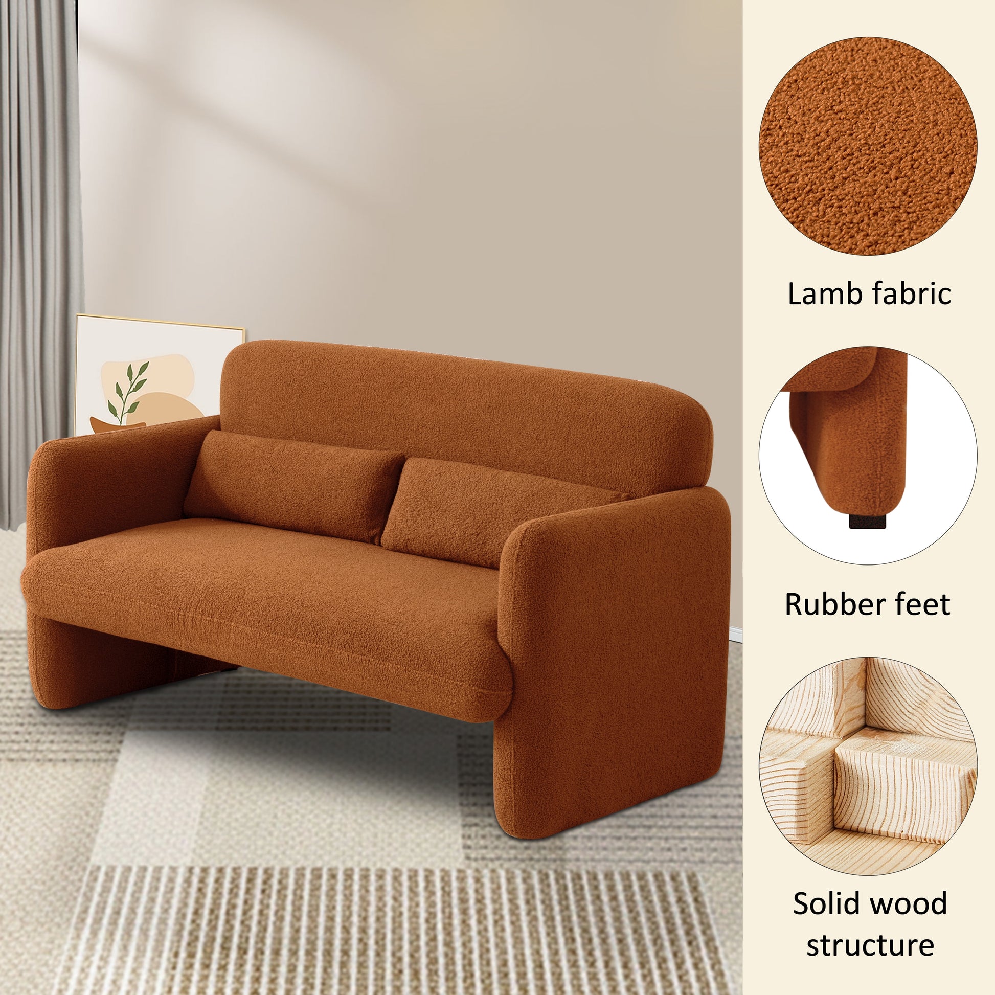 Brown Sherpa Teddy Fabric Loveseat Sofa, Ergonomic Design, Comfortable Seating, Durable Wood Frame