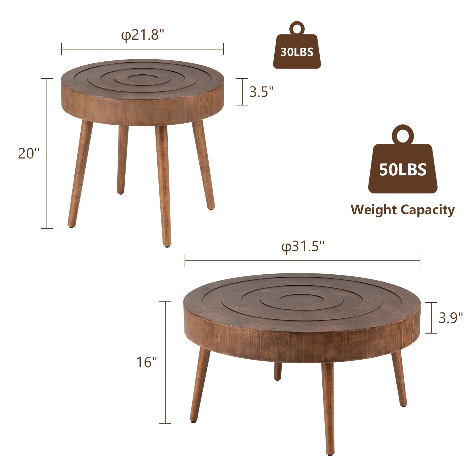 2-Piece Modern MDF Wood Nesting Coffee Table with Handcrafted Wood Ring Motif for Living Room