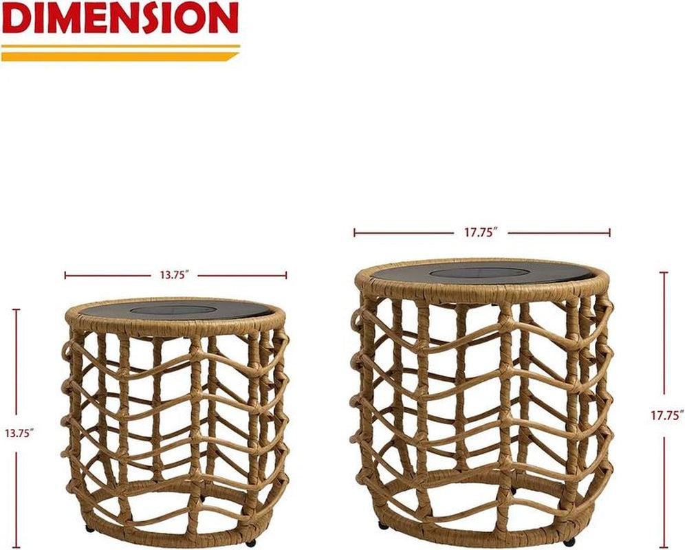 GRAND PATIO Wave Outdoor Nesting Tables Built-In Solar Lights Set of 2, Weather-Resistant Wicker, Boho Style for Patio and Porch, Natural round Design Furniture Aesthetic