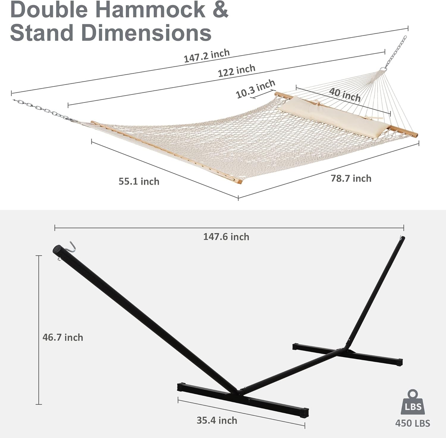 Double Outdoor Hammock with Stand Included, Portable Cotton Rope 2 Person Hammock for Outdoor, Patio, Garden, Backyard, Beige