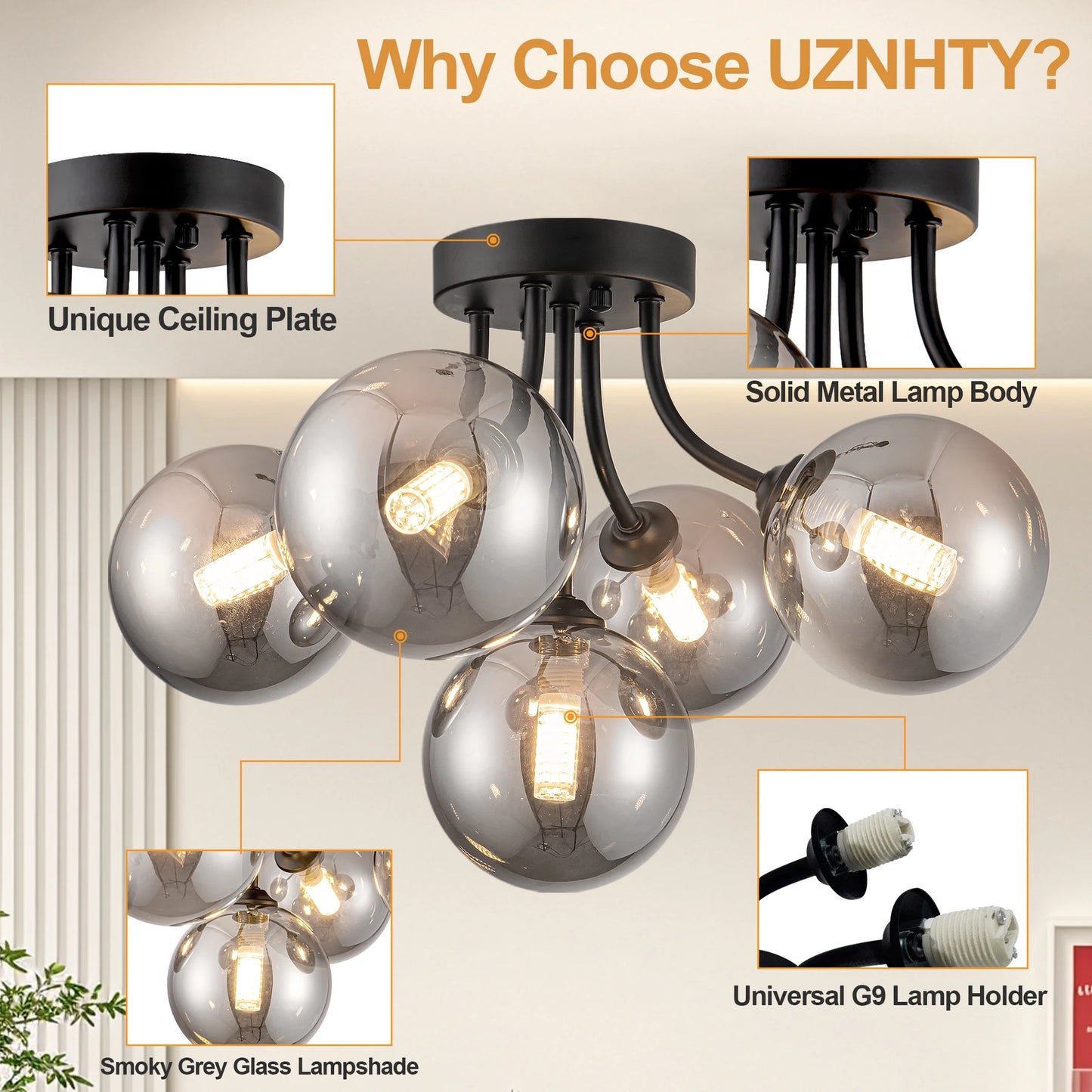 Modern Ceiling Light 5-Light Sputnik Ceiling Light Fixture with Smoke Grey Glass Globe Semi Flush Mount Ceiling Light for Hallway Kitchen Bathroom Black 15 Inch