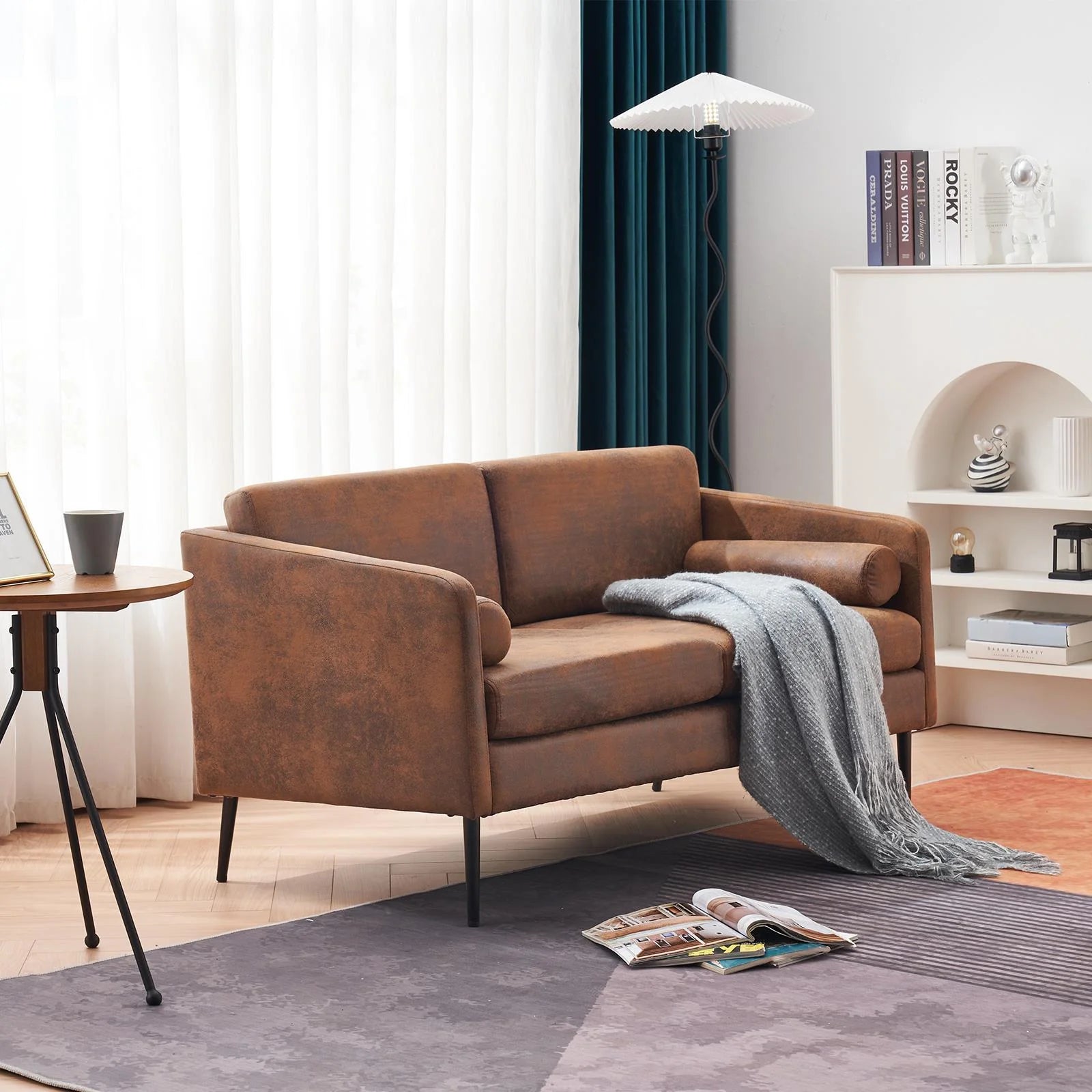 52" Fabric Square Arm Loveseat, 2-Seat Love Seat Sofa Chair, Small Modern Couch with Bronzing Cloth Brown