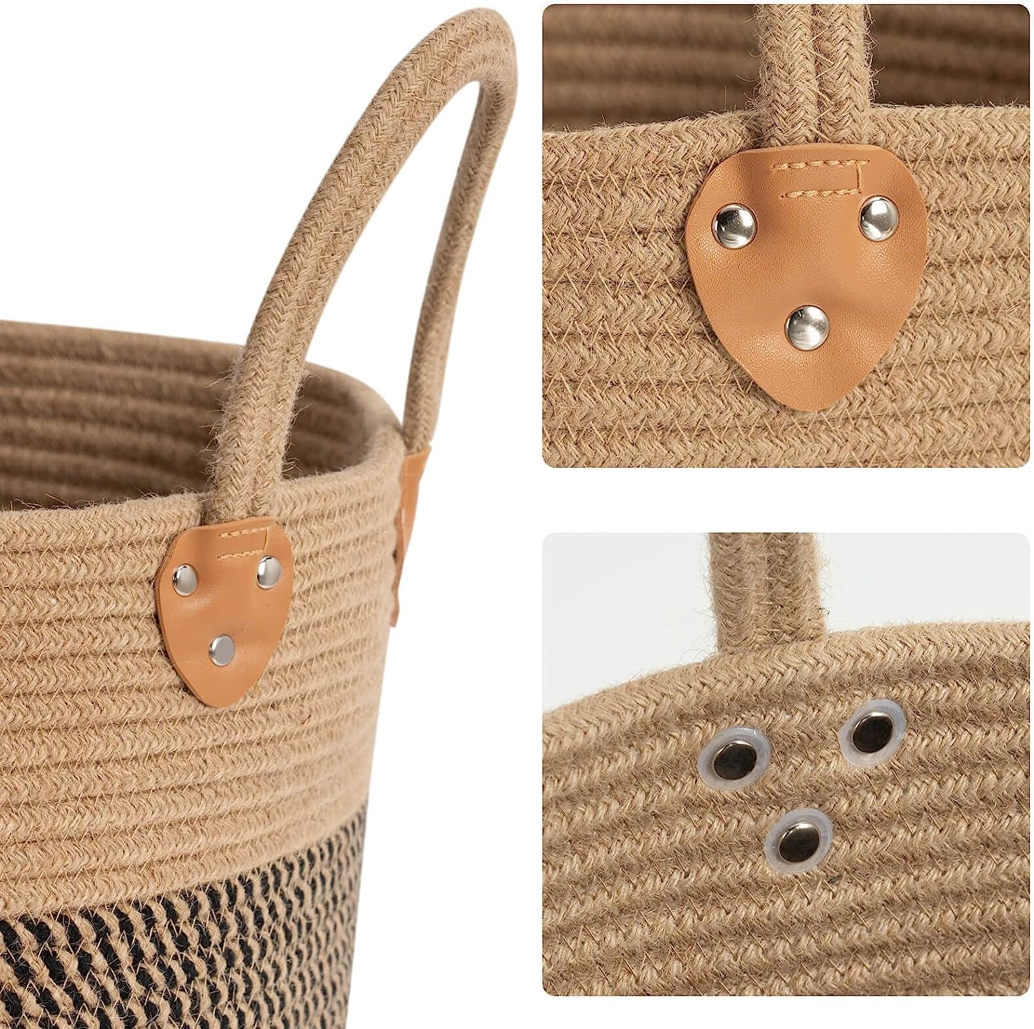 Jute Woven Wicker Floor Storage Basket with Handles, Boho Decorative Ba