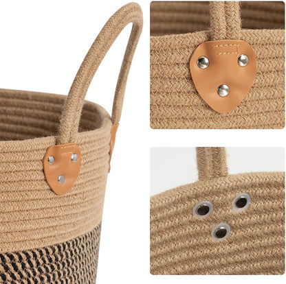Jute Woven Wicker Floor Storage Basket with Handles, Boho Decorative Ba