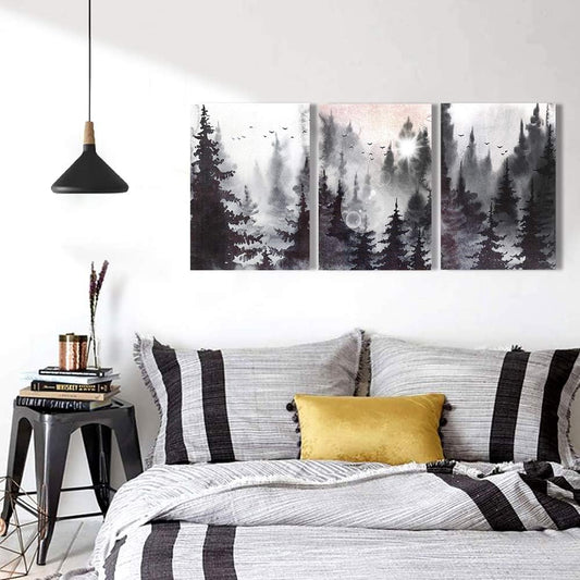 Scenery Watercolor Painting 3 Pieces Canvas Wall Art for Living Room Wall Decor for Bedroom Decorations Modern Office Home Decoration Black and White Forest Landscape Posters Canvas Prints Artwork