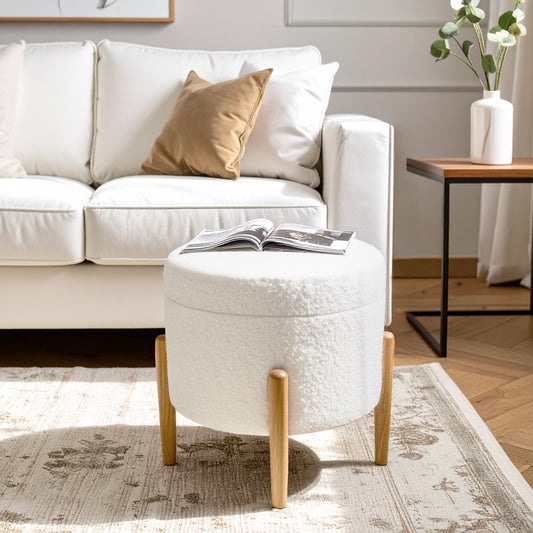 Modern Dowel Ottoman, Cream Boucle