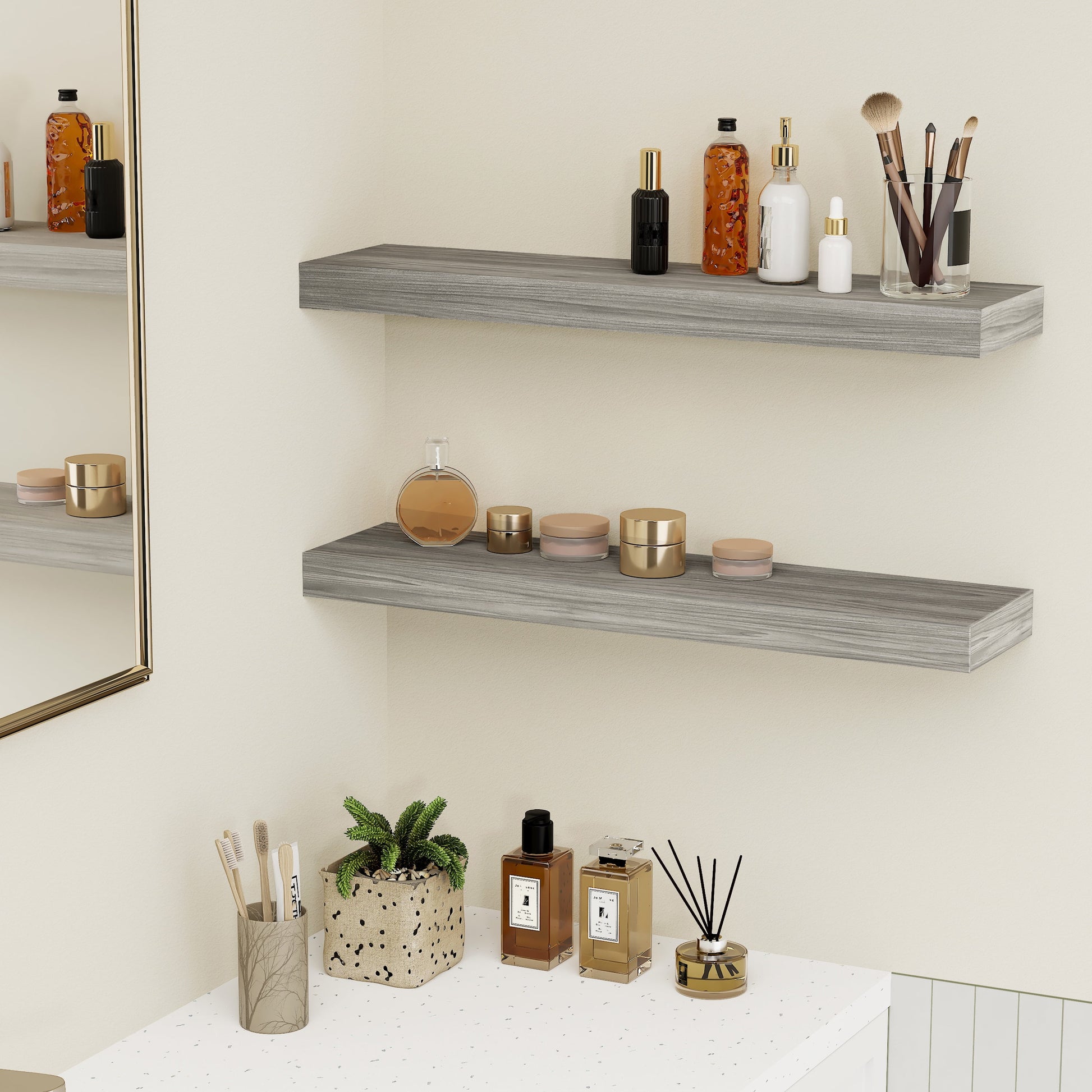 24X6 Walnut Gray Floating Shelves for Wall, Wood Hanging Shelves up to 20Lbs for Bedroom, Bathroom, Kitchen(Set of 2)