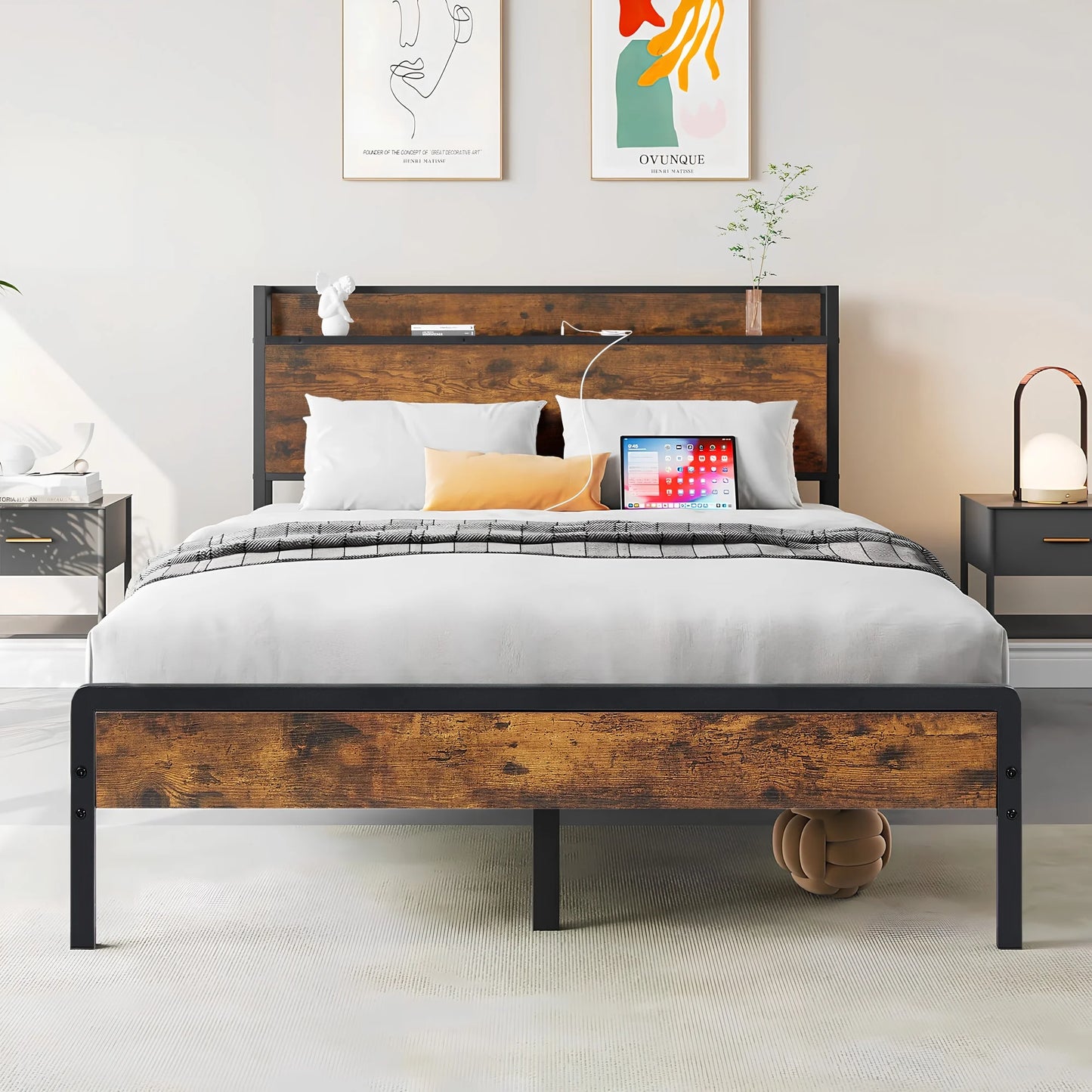 Full Size Bed Frame with Storage Headboard, Metal Bed Frame with Plug Outlets, USB, Brown