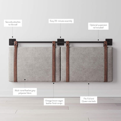 Harlow Modern Wall Mount Hanging Headboard, Queen, Gray with Brown Faux Leather Straps