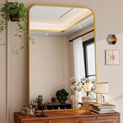 38"X26" Rectangular Bathroom Mirror Round-Edged Wall Mounted Mirror with Aluminum Alloy Frame, Gold