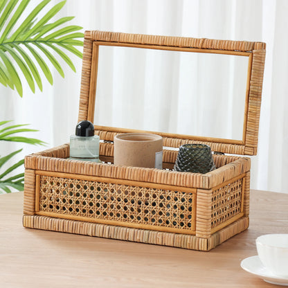 ,  Home Woven Rattan and Glass Decorative Tabletop Box