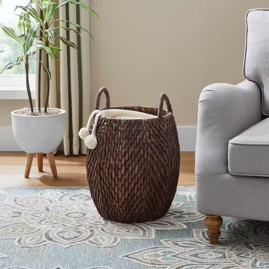 Round Brown Woven Water Hyacinth Decorative Poppy Basket