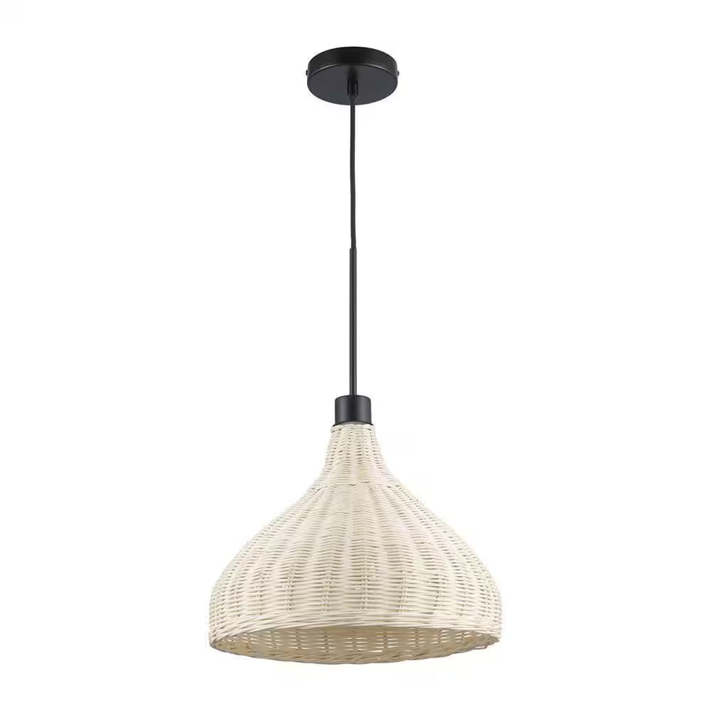 1-Light Black Pendant Light Fixture with Natural Woven Rattan Basket Shade