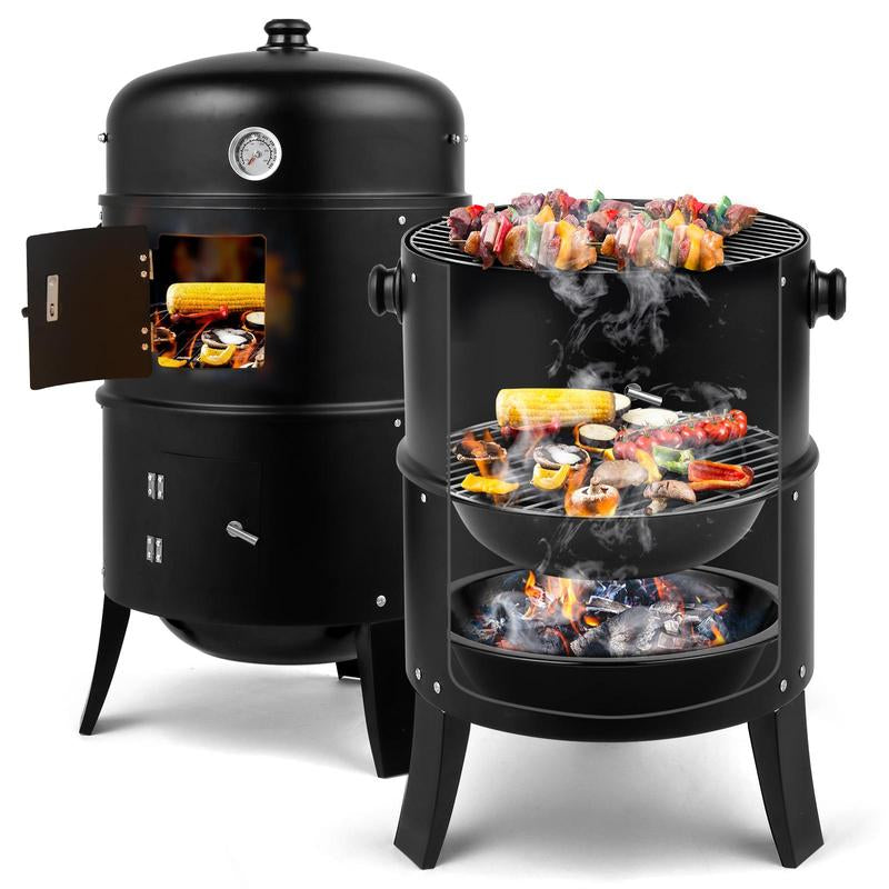 Smoker Carbon Grill, Portable Charcoal BBQ Barrel Grill with Thermometer, Iron Spray Adjustable Vent, for Camping, Backyard, Beach Parties