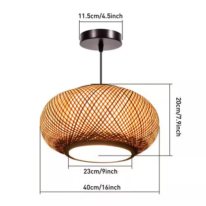 15.7 In. 1-Light Vintage Bamboo Rattan Lantern Pendant Light with Hand-Woven Bamboo Shade