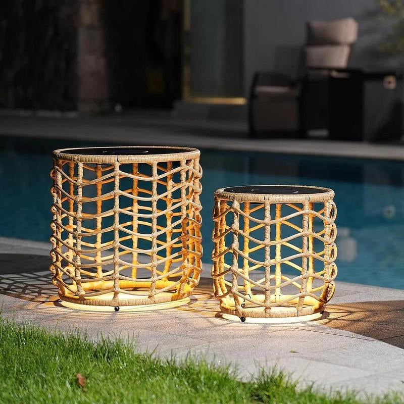 GRAND PATIO Wave Outdoor Nesting Tables Built-In Solar Lights Set of 2, Weather-Resistant Wicker, Boho Style for Patio and Porch, Natural round Design Furniture Aesthetic