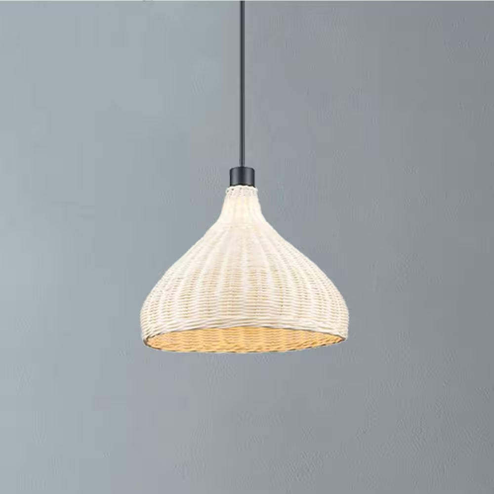 1-Light Black Pendant Light Fixture with Natural Woven Rattan Basket Shade