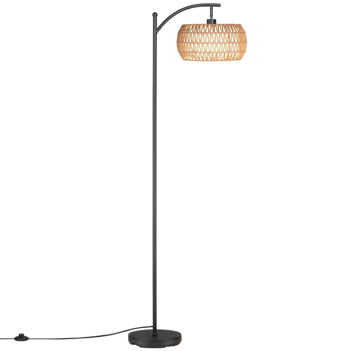 63'' Dimmable Arc Rattan Floor Lamp, Black Standing Lamp with Rattan & Fabric Double Drum Shade, Boho Farmhouse Tall Lamp for Living Room, Lamps for Bedroom