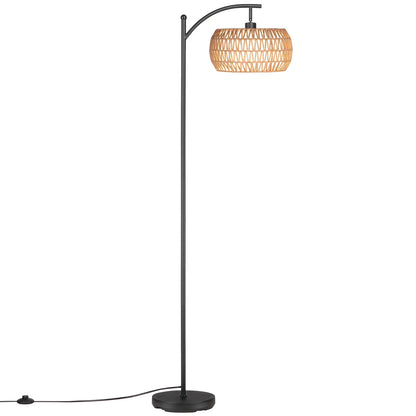 63'' Dimmable Arc Rattan Floor Lamp, Black Standing Lamp with Rattan & Fabric Double Drum Shade, Boho Farmhouse Tall Lamp for Living Room, Lamps for Bedroom
