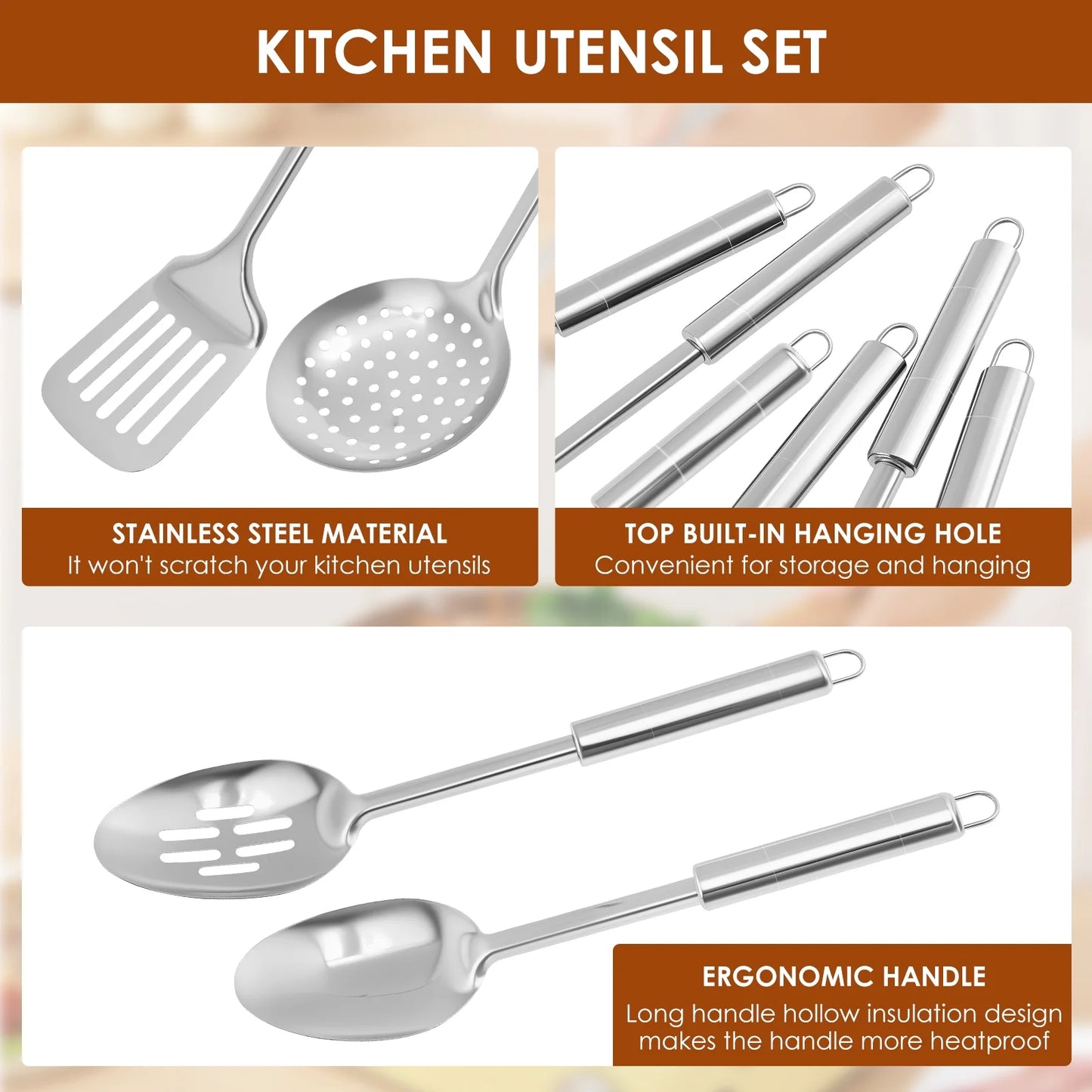 Ihvewuo 6 Pcs Cooking Utensils Set Stainless Steel Kitchen Utensil Set Heat Resistant Wok Utensils Set Versatile Kitchen Cooking Utensils Set for Home Kitchen Cooking