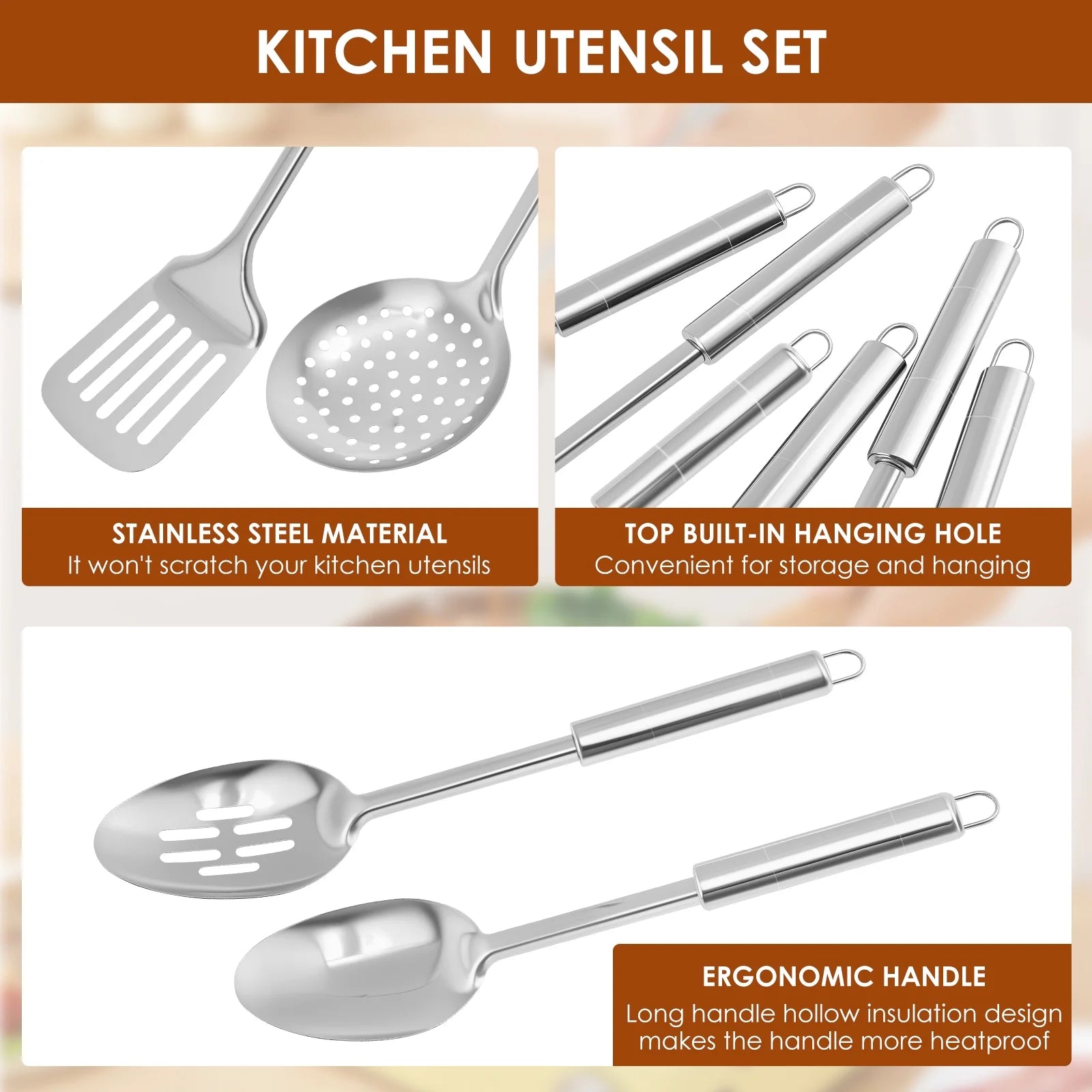 Ihvewuo 6 Pcs Cooking Utensils Set Stainless Steel Kitchen Utensil Set Heat Resistant Wok Utensils Set Versatile Kitchen Cooking Utensils Set for Home Kitchen Cooking