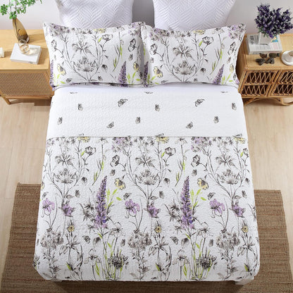 Queen Quilt Floral Bedspread, 100% Cotton Queen Size Quilt, White Purple Floral Quilt Sets Queen, Lightweight Soft Quilt Bedding Set for All Season, 3-Pieces