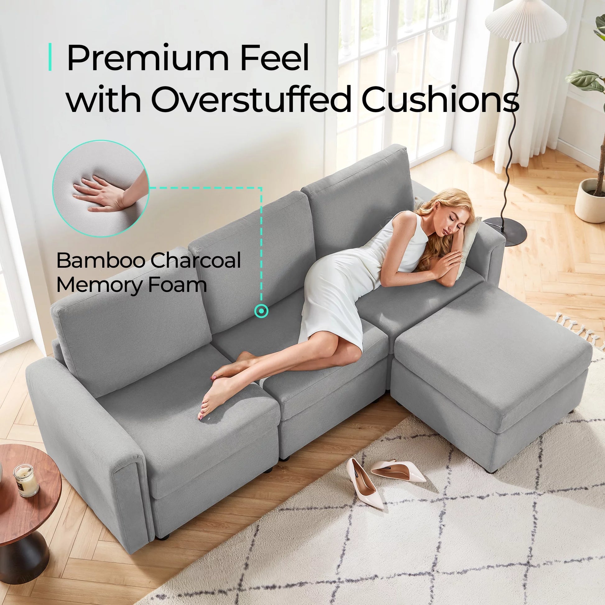Modular Couches and Sofas Sectional with Storage, 4 Seat Sectional Sofa for Living Room, L Shaped Sectional Couch with Reversible Chaises, Light Gray