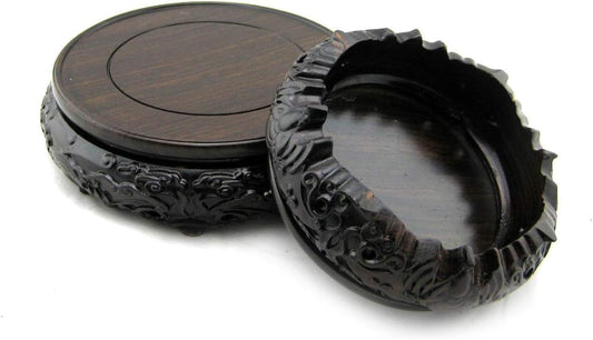 Oriental Luxury round Elm Solid Wood Vase Display Stands Pedestal Base, Bat Pattern 3.9 in Diameter