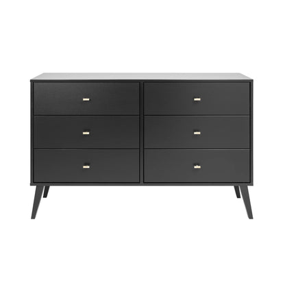 Milo Mid-Century 6 Drawer Wooden Dresser, 16.75" X 52.5" X 33", Black