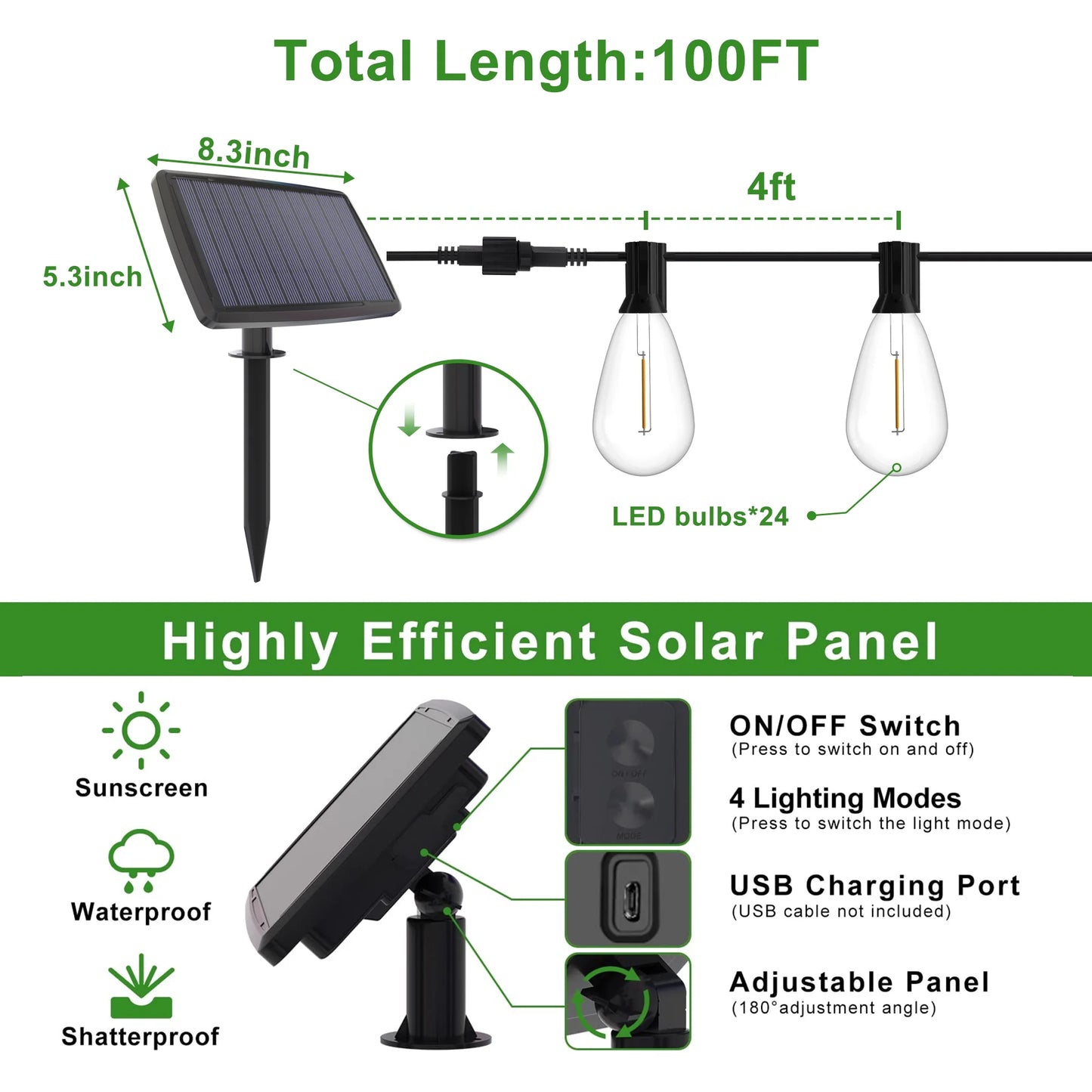 Solar Outdoor String Lights, 100Ft S14 LED Patio Lights with 24 Bulbs, String Lights for Porch Backyard