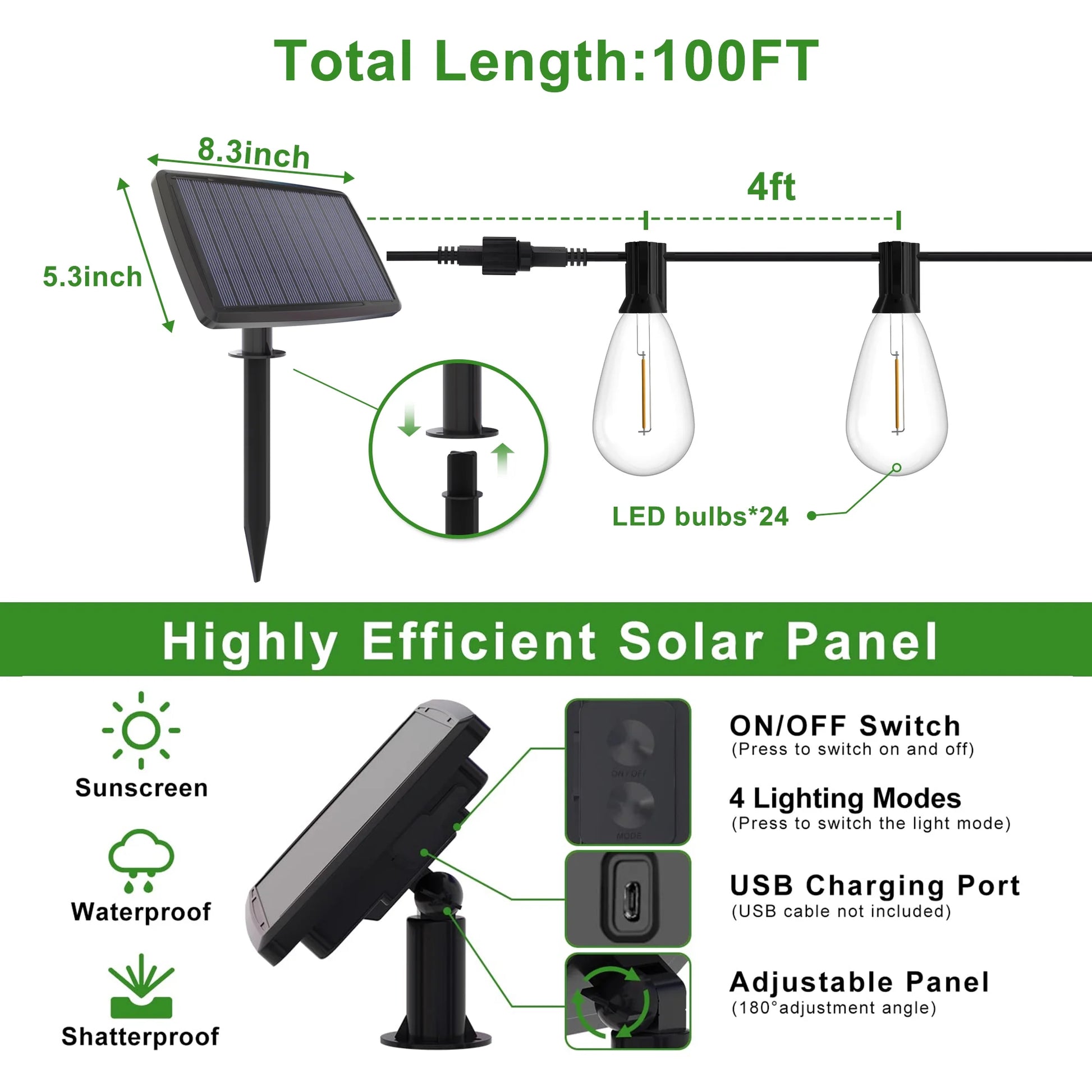 Solar Outdoor String Lights, 100Ft S14 LED Patio Lights with 24 Bulbs, String Lights for Porch Backyard