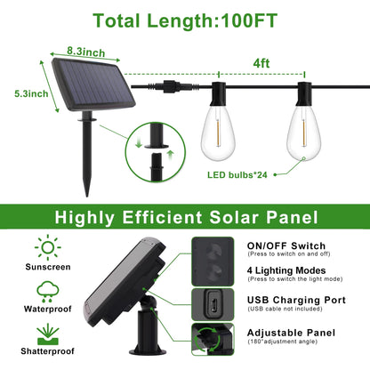 Solar Outdoor String Lights, 100Ft S14 LED Patio Lights with 24 Bulbs, String Lights for Porch Backyard